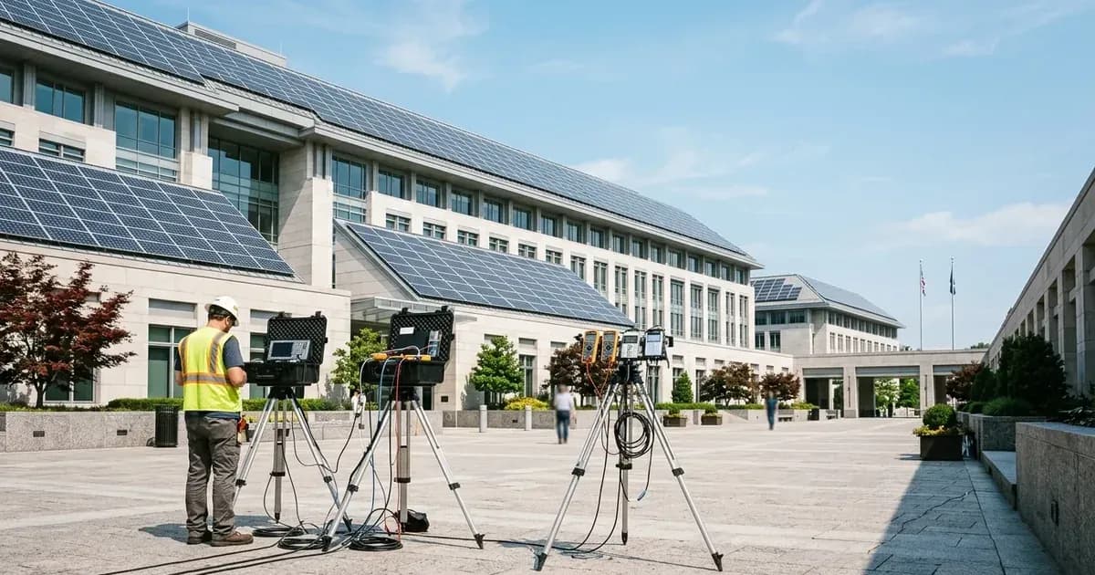 Electrical audit equipment and solar panel arrays on an institutional government facility in daylight. — SolarNevs spec card