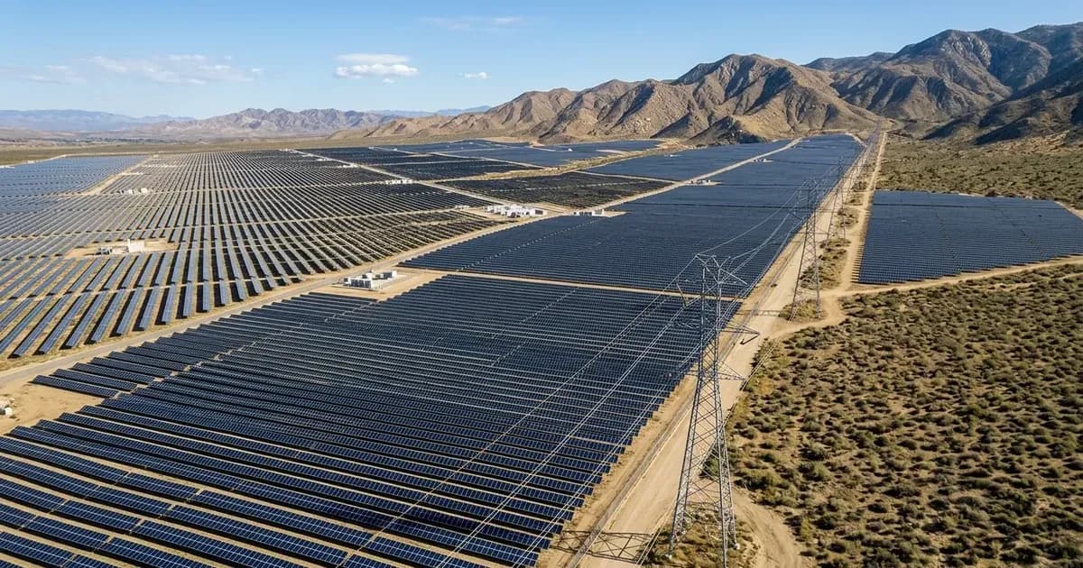 High-angle view of a utility-scale solar farm connected to high-voltage transmission lines near mountains. — SolarNevs spec card
