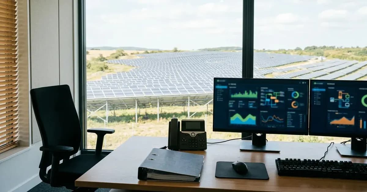 Solar operations control room desk with energy generation monitors overlooking an outdoor solar field. — SolarNevs spec card