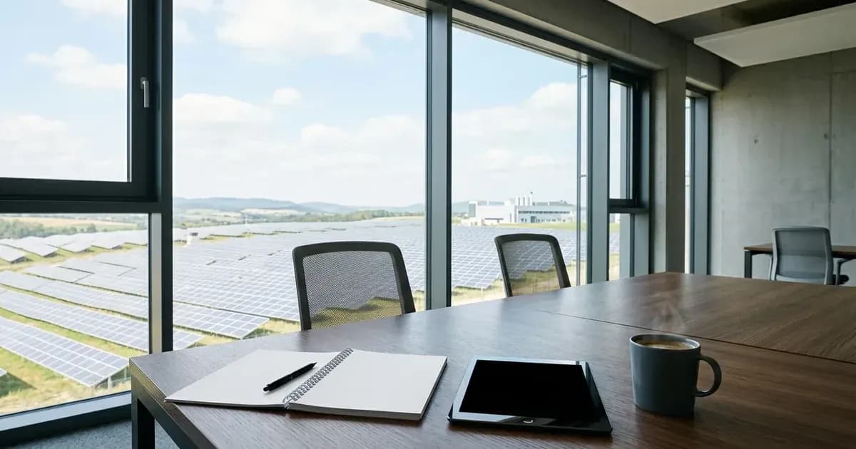 Modern office table with notebook and blank tablet overlooking an extensive solar panel field in daylight. — SolarNevs spec card