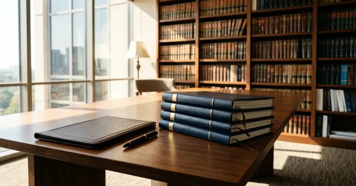Modern legal conference table with document folders and pen beside a sunlit office window. — SolarNevs spec card