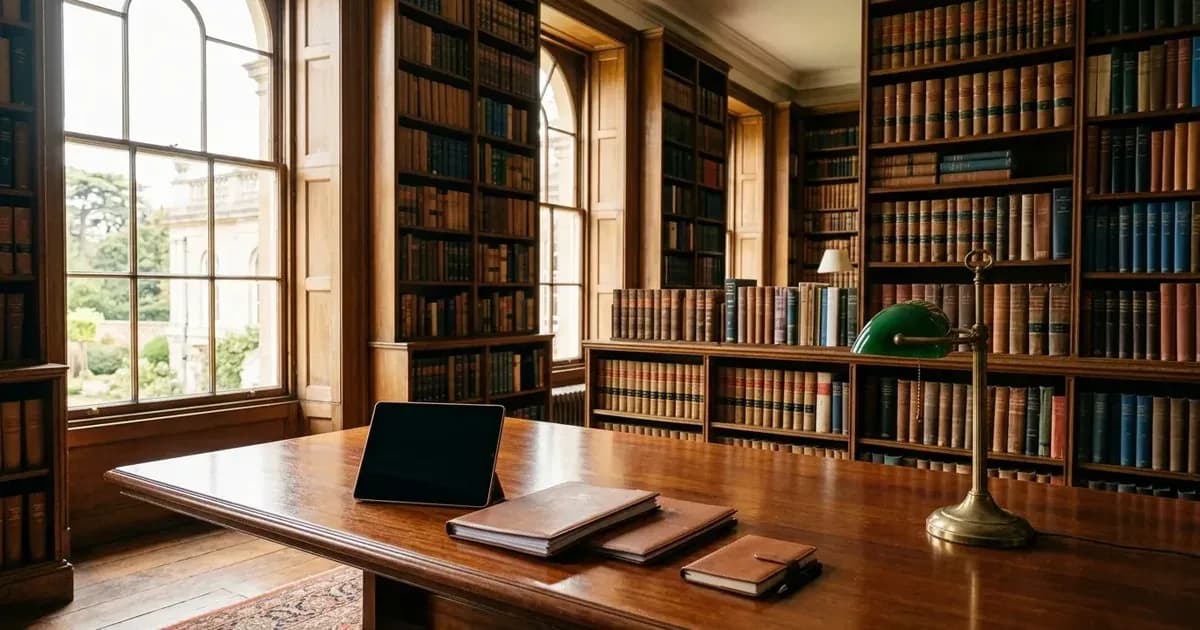 Energy law library with wooden bookshelves and a quiet reading desk with document folders. — SolarNevs spec card