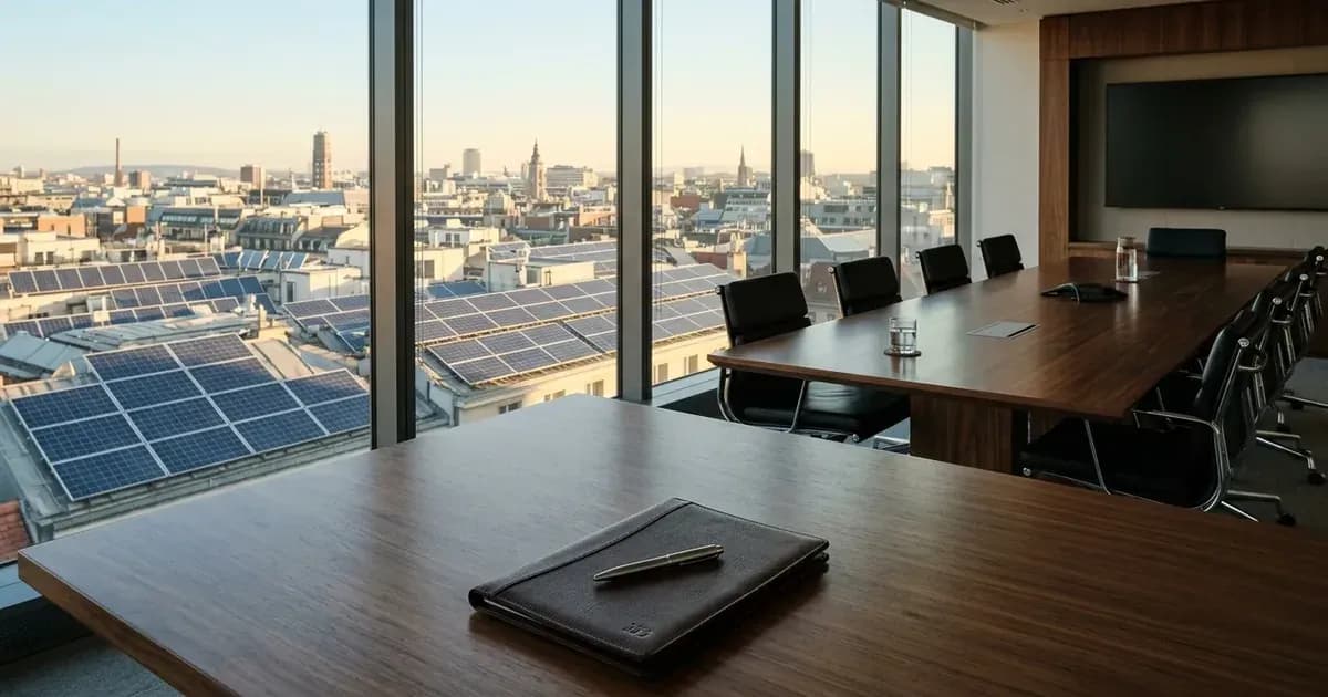 High-rise conference room with notepad and portfolio overlooking city rooftop solar panels. — SolarNevs spec card