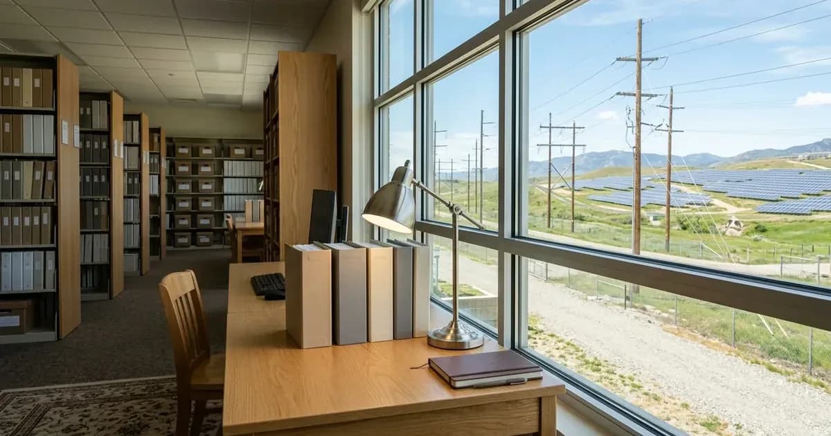 Archive office desk with document binders beside a window looking out toward electrical utility poles and solar field. — SolarNevs spec card