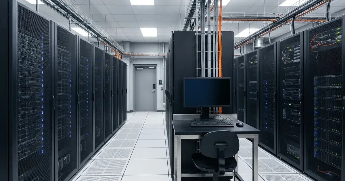 Secure utility datacenter facility with server racks and a console workstation terminal. — SolarNevs spec card