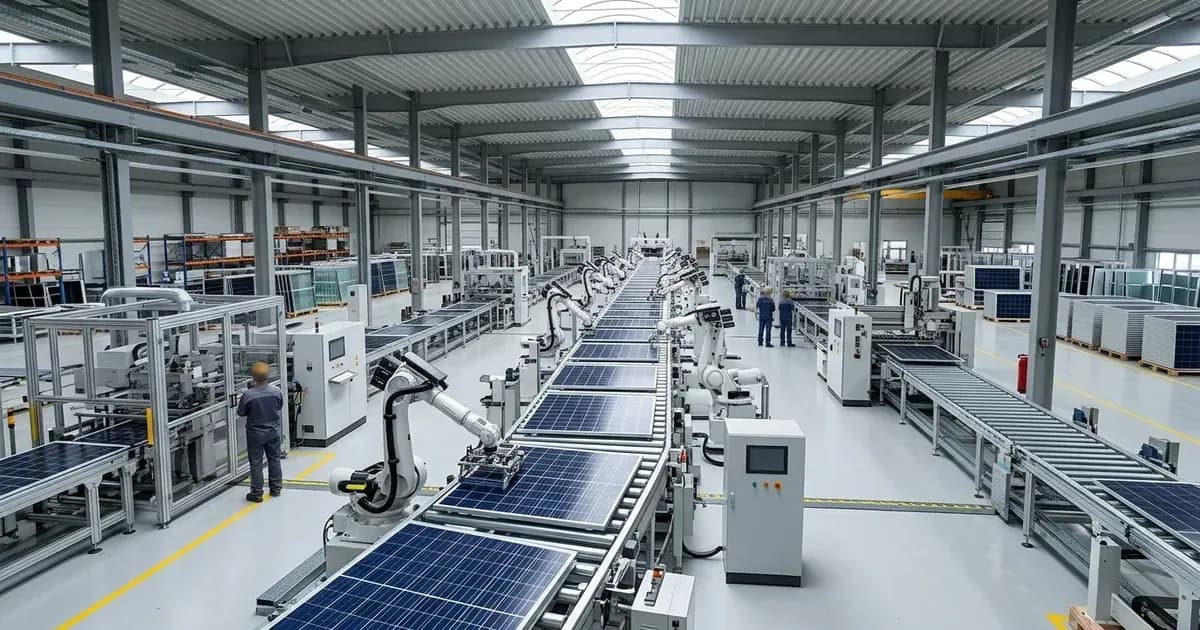Automated conveyor lines assembling solar photovoltaic panels in a modern clean energy manufacturing facility. — SolarNevs spec card