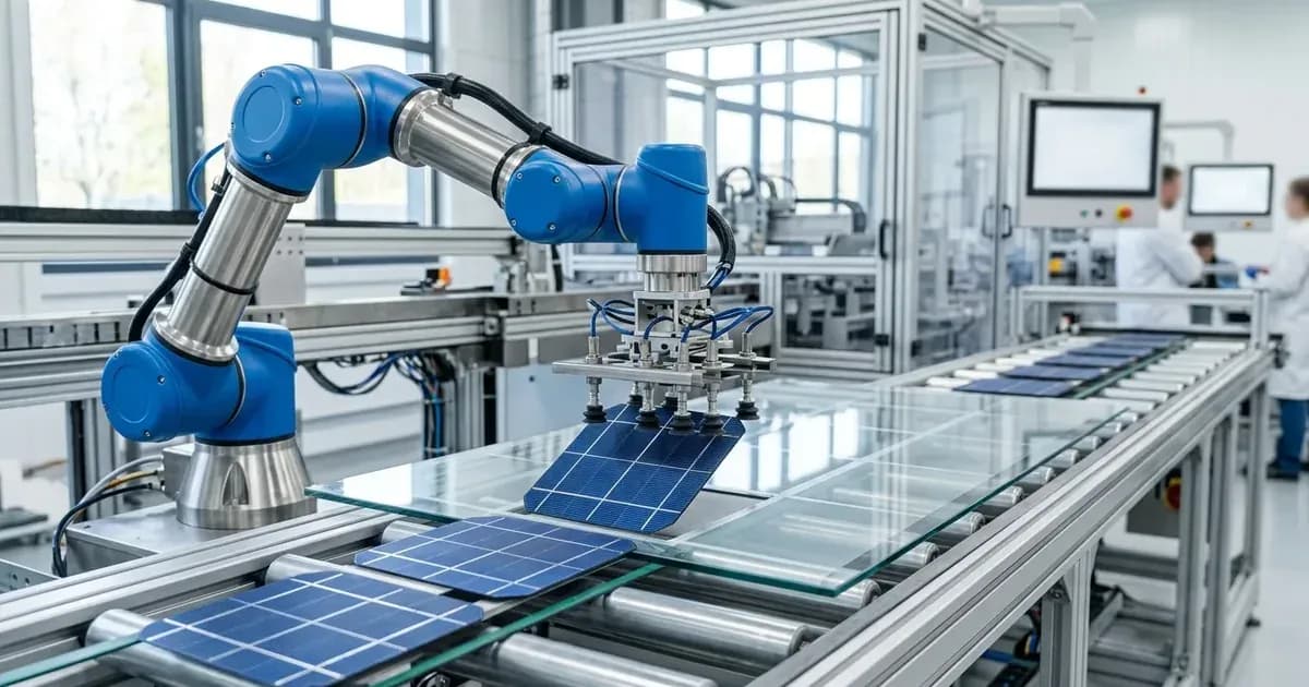 Robotic arm positioning photovoltaic silicon solar cells onto glass on an automated manufacturing line. — SolarNevs spec card