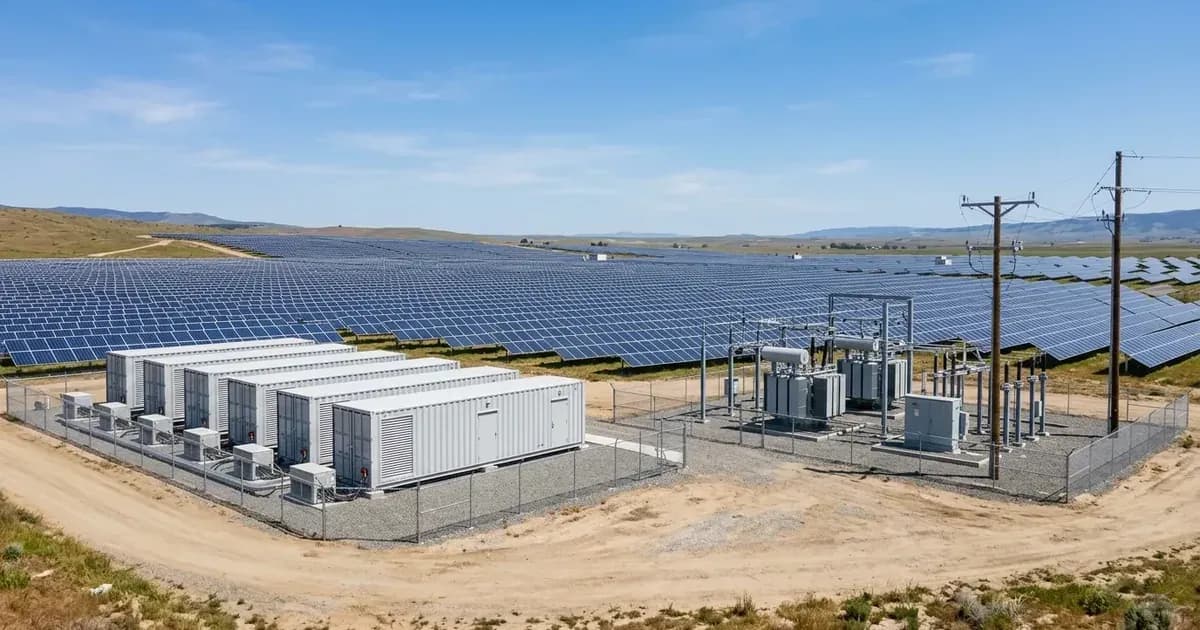 Containerized battery storage units and substation transformer at a utility solar installation. — SolarNevs spec card