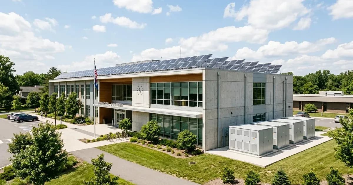 Municipal building equipped with rooftop solar photovoltaic array and commercial battery storage cabinets. — SolarNevs spec card