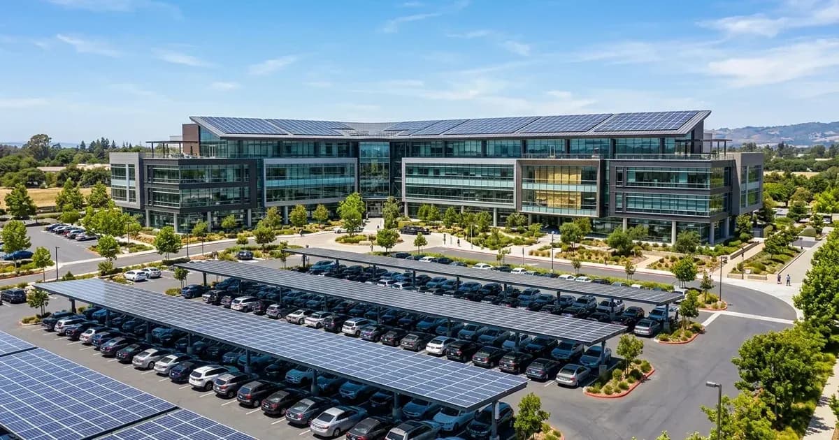 Corporate office building featuring extensive rooftop solar arrays and solar canopy parking structures. — SolarNevs spec card