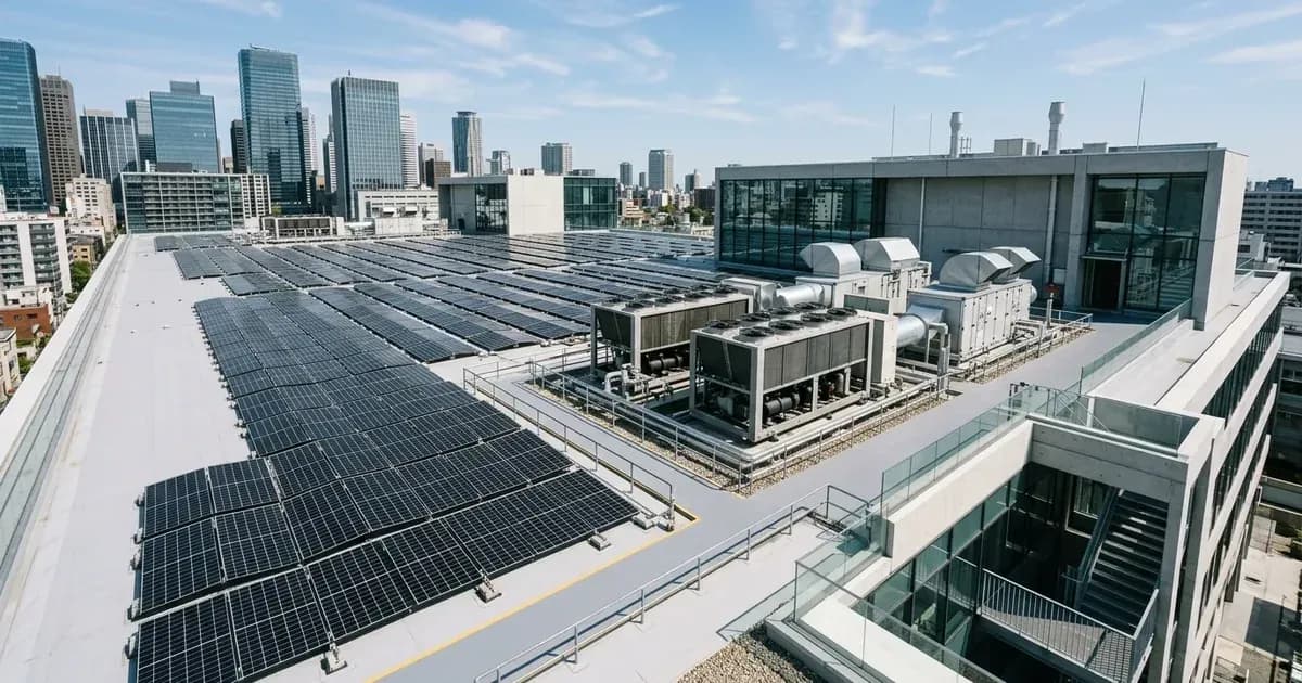 Commercial building rooftop featuring photovoltaic solar panels and efficient HVAC mechanical systems. — SolarNevs spec card