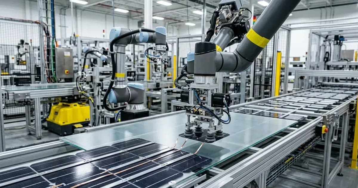 Automated assembly line manufacturing photovoltaic solar panel modules in a clean energy facility. — SolarNevs spec card
