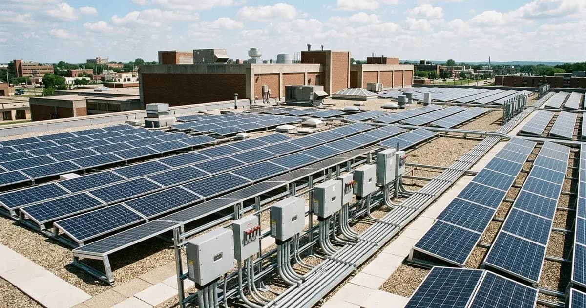 Commercial rooftop solar installation with conduit and balance-of-system equipment under sunlight. — SolarNevs spec card