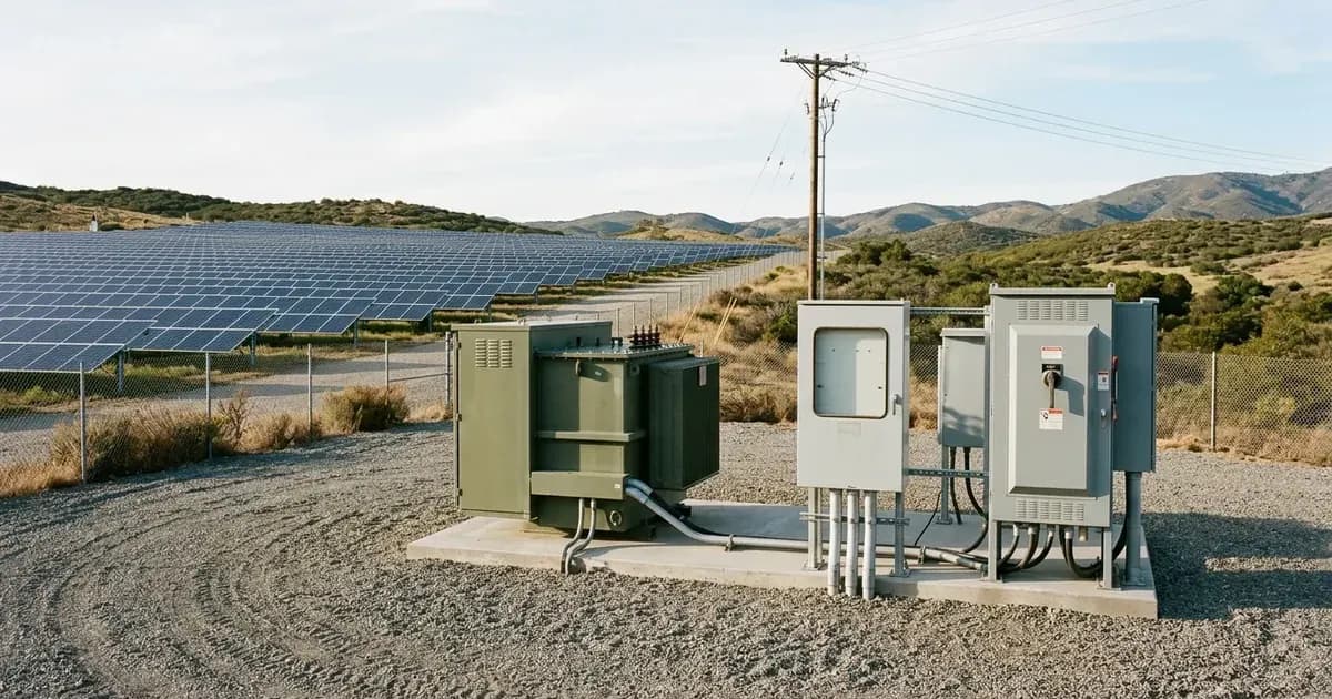 Electrical grid interconnection switchgear and transformer for a commercial solar energy facility. — SolarNevs spec card