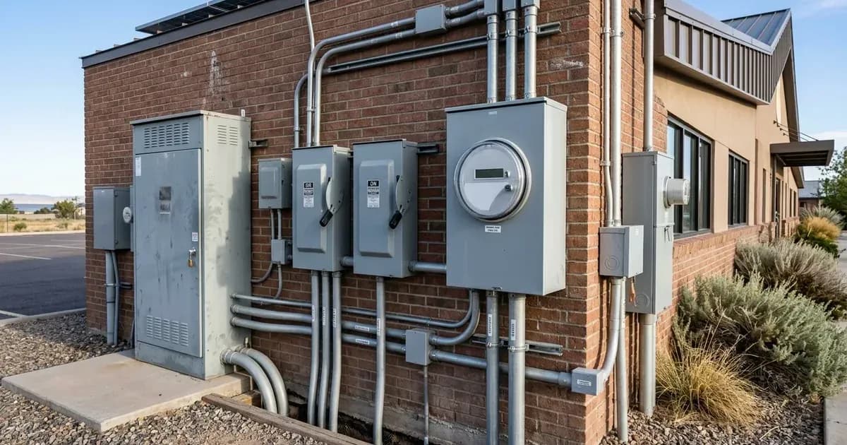 Exterior commercial electrical service entrance with solar AC disconnects and utility metering. — SolarNevs spec card