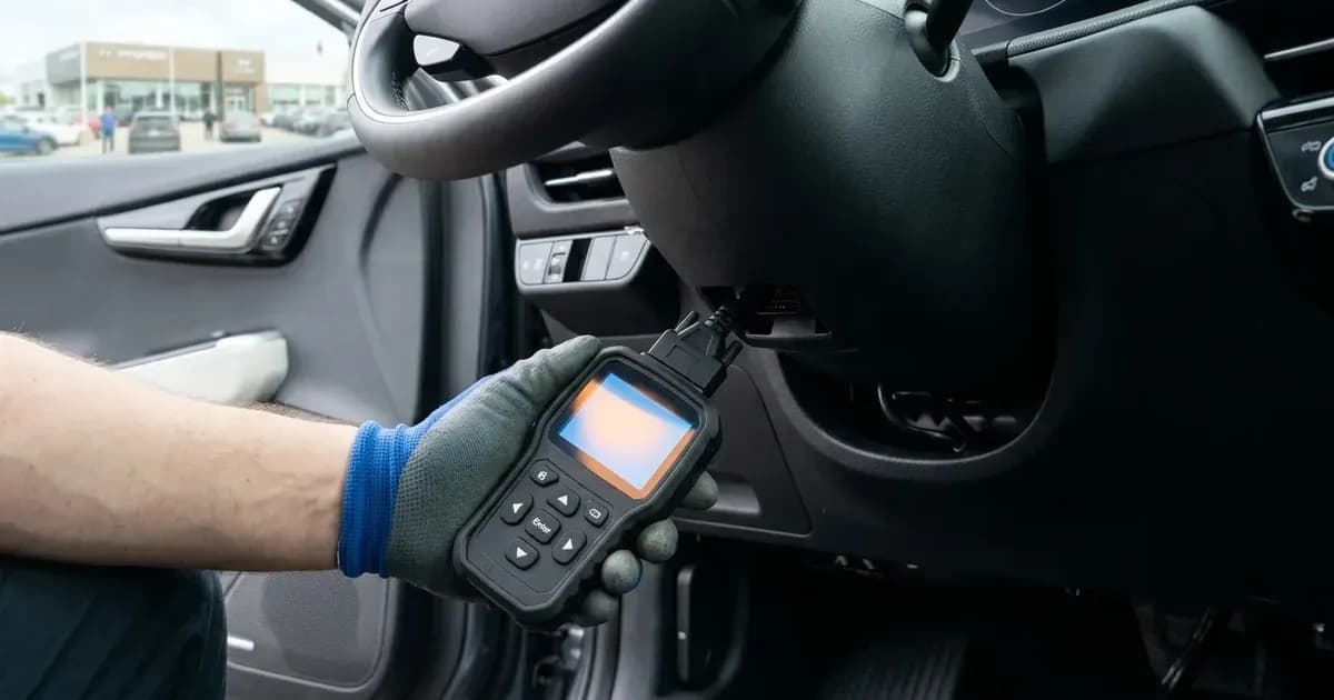 Hand holding an OBD2 diagnostic scanner plugged into the diagnostic port under an electric vehicle dashboard. — SolarNevs spec card