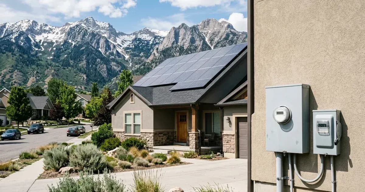 Rooftop solar installation on a Utah home with exterior utility meter and mountains in background. — SolarNevs spec card