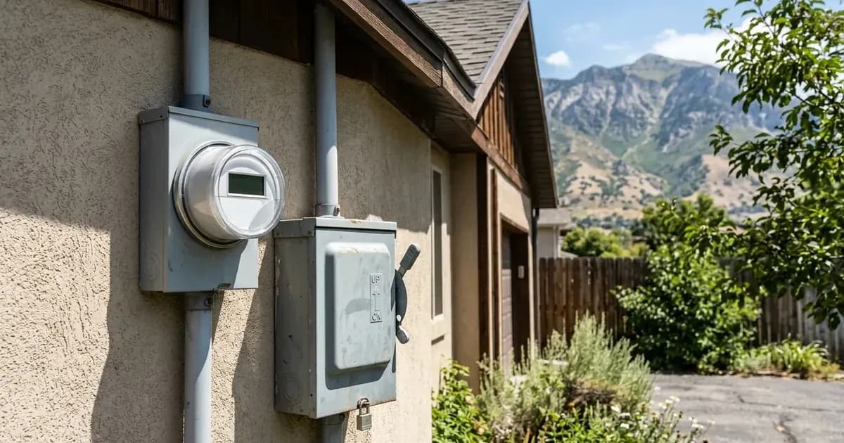 Outdoor smart utility meter and AC disconnect box installed on a house wall with Utah mountains behind. — SolarNevs spec card