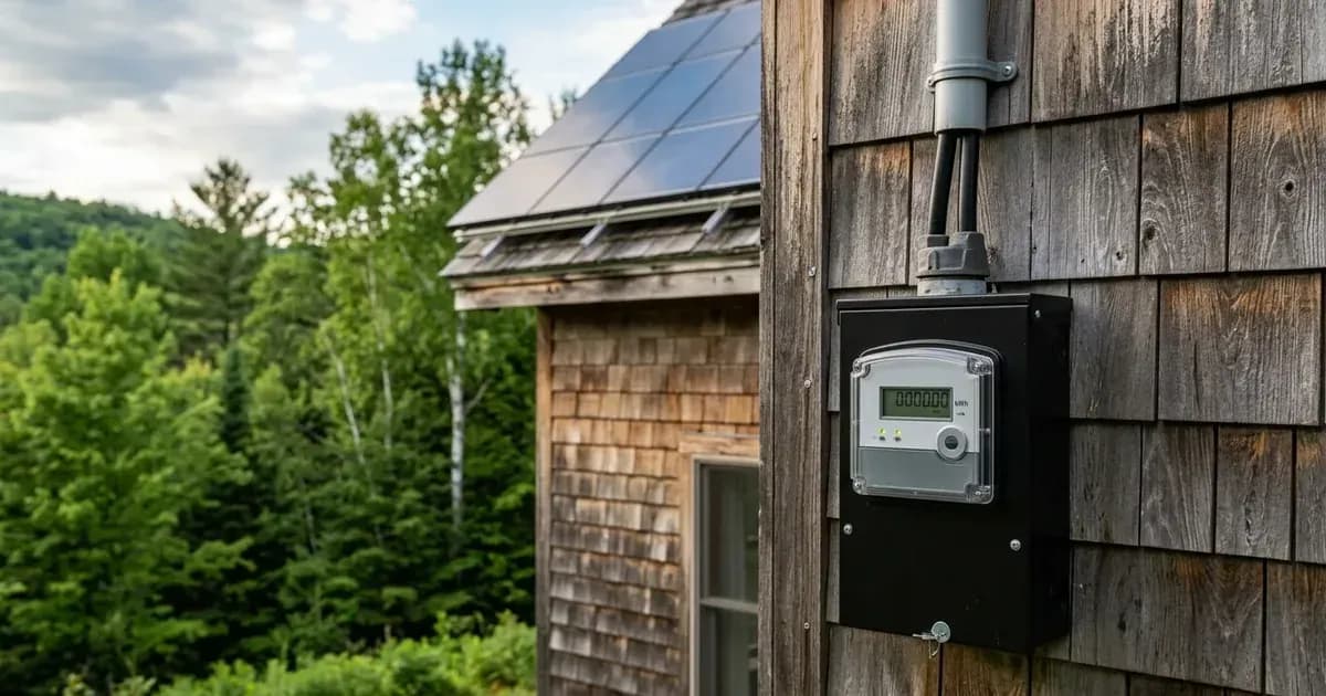 Smart net-metering enclosure on a wooden wall below rooftop solar panels in Vermont. — SolarNevs spec card