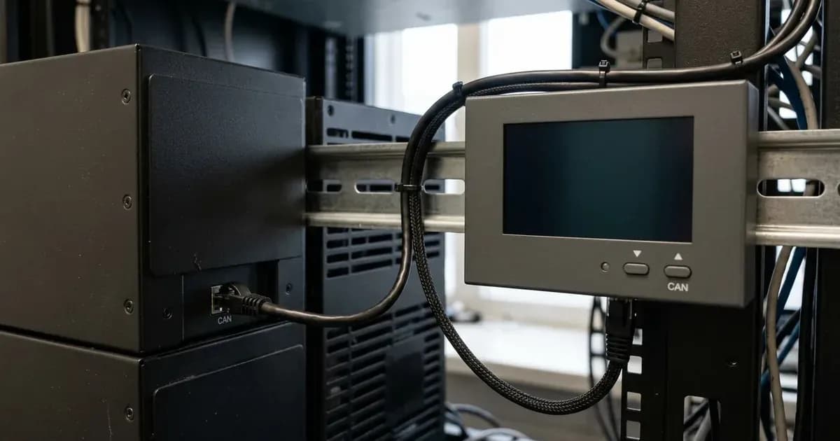 Unbranded energy monitoring unit connected via CAN cable to a rack lithium battery communication port. — SolarNevs spec card