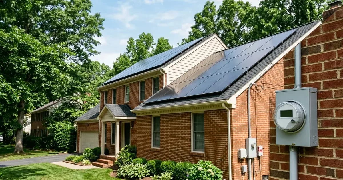 Residential rooftop solar panels on a Virginia home with a digital utility meter on the wall below. — SolarNevs spec card