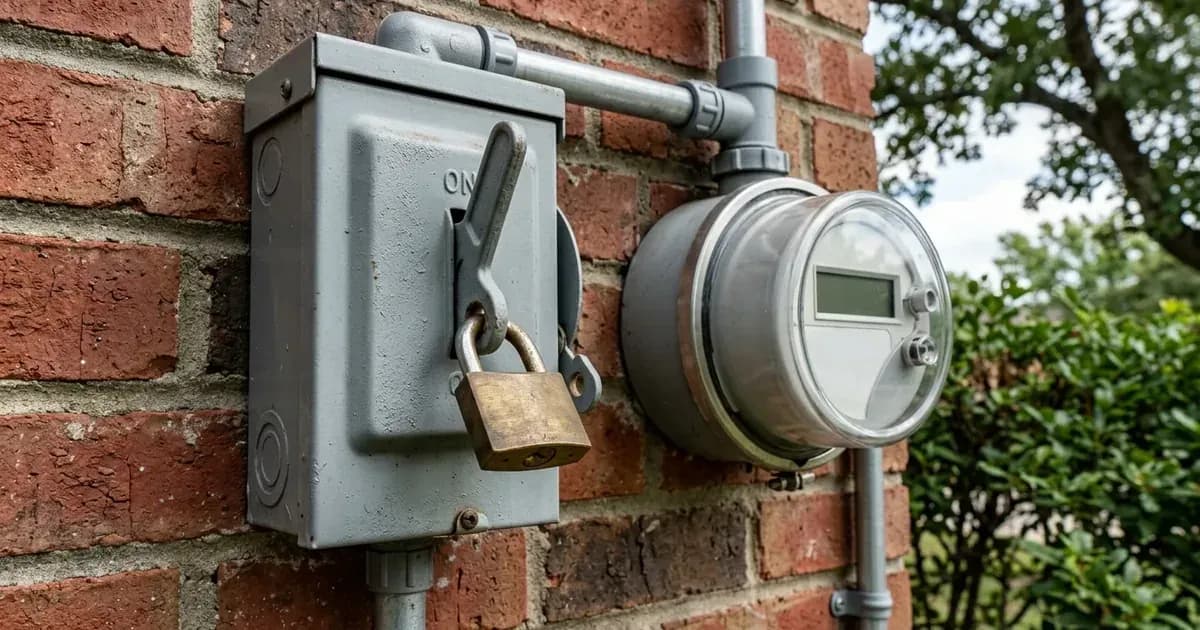 Locked metal exterior AC disconnect switch and electric utility meter mounted on an exterior brick wall. — SolarNevs spec card