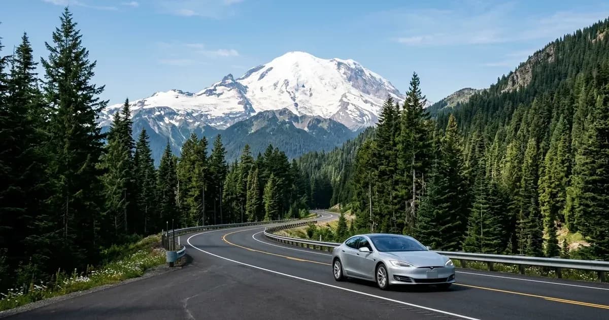 Unbranded electric vehicle driving on a Pacific Northwest highway with evergreen trees and Mount Rainier. — SolarNevs spec card