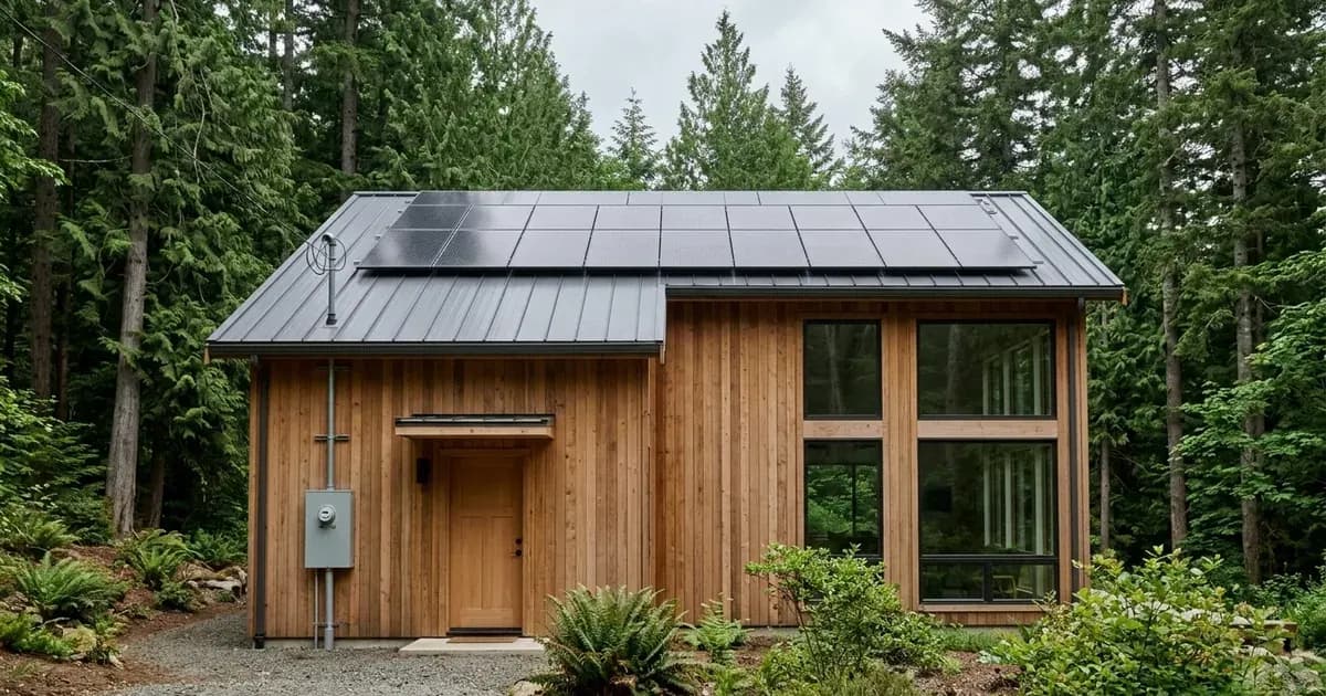 Solar panel array on a metal roof of a Pacific Northwest building with an exterior utility meter below. — SolarNevs spec card