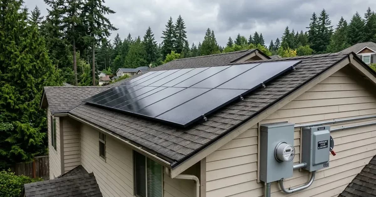 Rooftop solar panel installation and exterior utility meter on a residential home in Washington State. — SolarNevs spec card