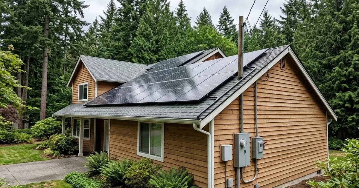 Residential rooftop solar panels with an exterior net meter and utility connection on a home in Washington State. — SolarNevs spec card