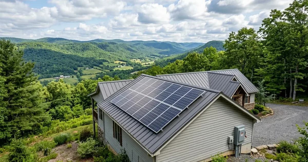 Residential solar panel array on a rooftop with scenic Appalachian mountains in the West Virginia background. — SolarNevs spec card