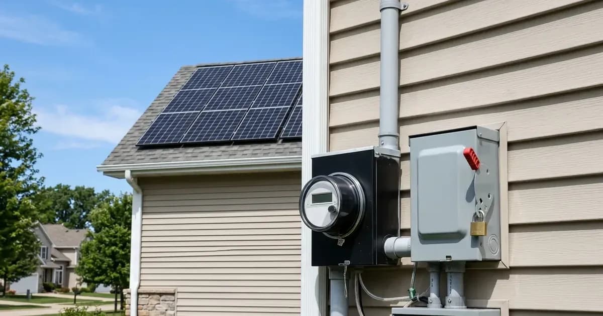 Exterior utility meter and lockable metal disconnect switch on a Wisconsin home with rooftop solar panels. — SolarNevs spec card