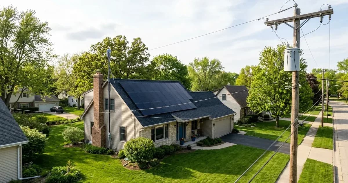 Residential rooftop solar array with overhead electrical service lines connecting to a wooden utility pole. — SolarNevs spec card