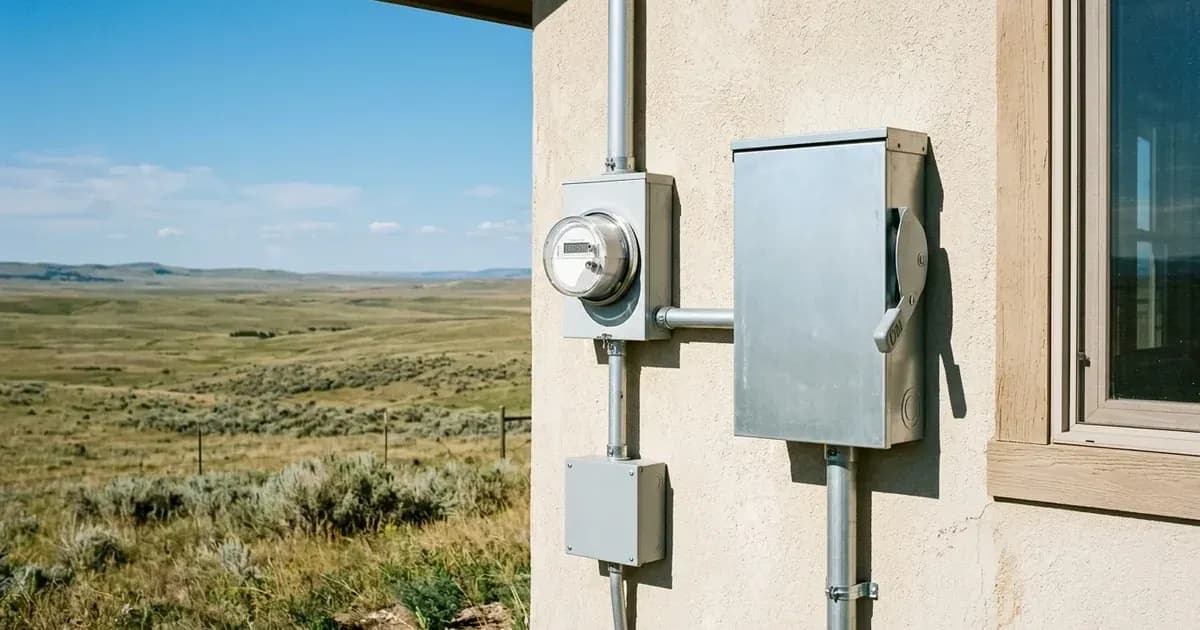 Exterior utility meter and blank metal disconnect box on a house in Wyoming with open prairie landscape. — SolarNevs spec card