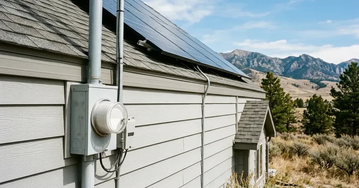 Outdoor digital net meter on a residential home with rooftop solar panels and mountain scenery in Wyoming. — SolarNevs spec card