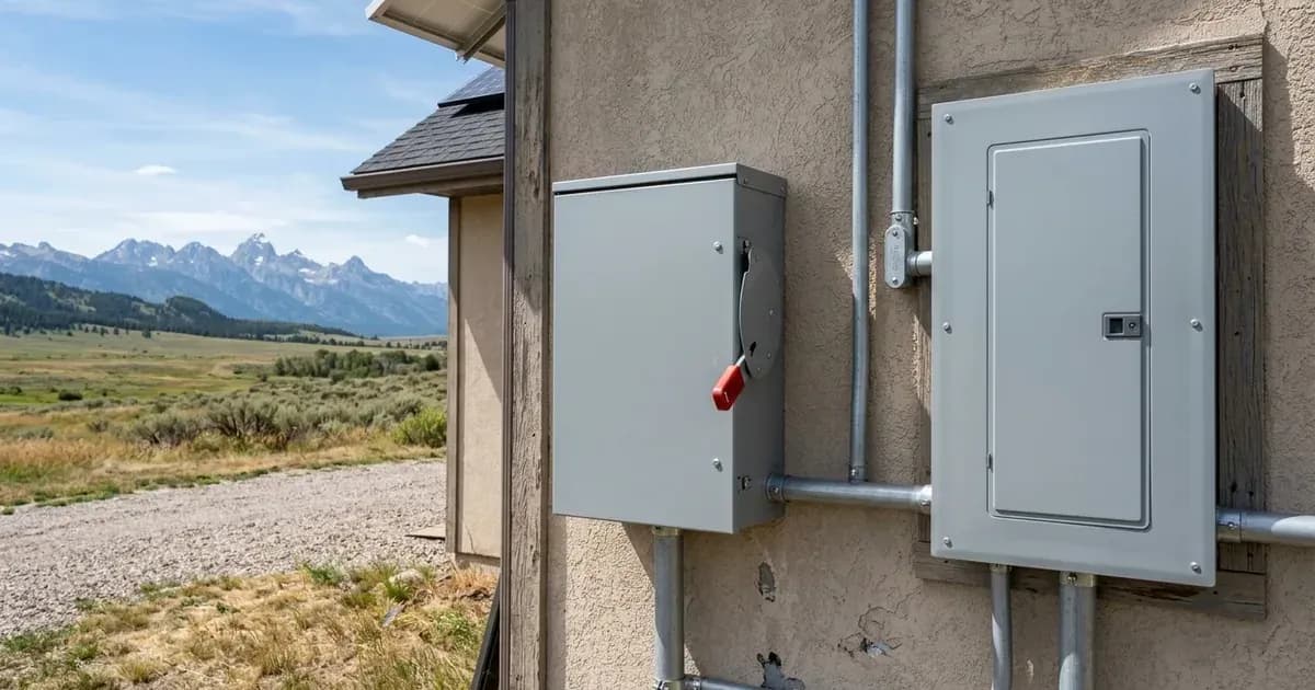 Outdoor metal solar AC disconnect switch and conduit on an exterior home wall in Wyoming with mountain background. — SolarNevs spec card