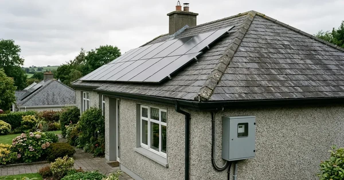 Solar panel array on a slate roof of an Irish home with an exterior smart meter cabinet. — SolarNevs spec card