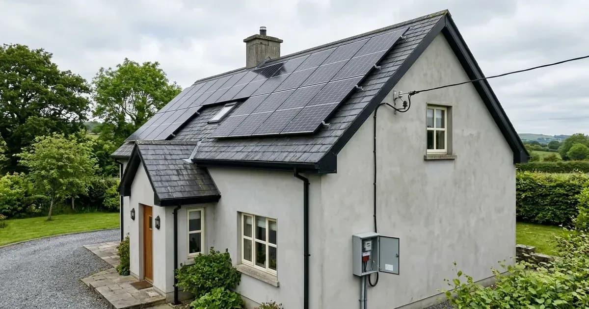 Rooftop solar panel array connected to grid service on an Irish residential house. — SolarNevs spec card