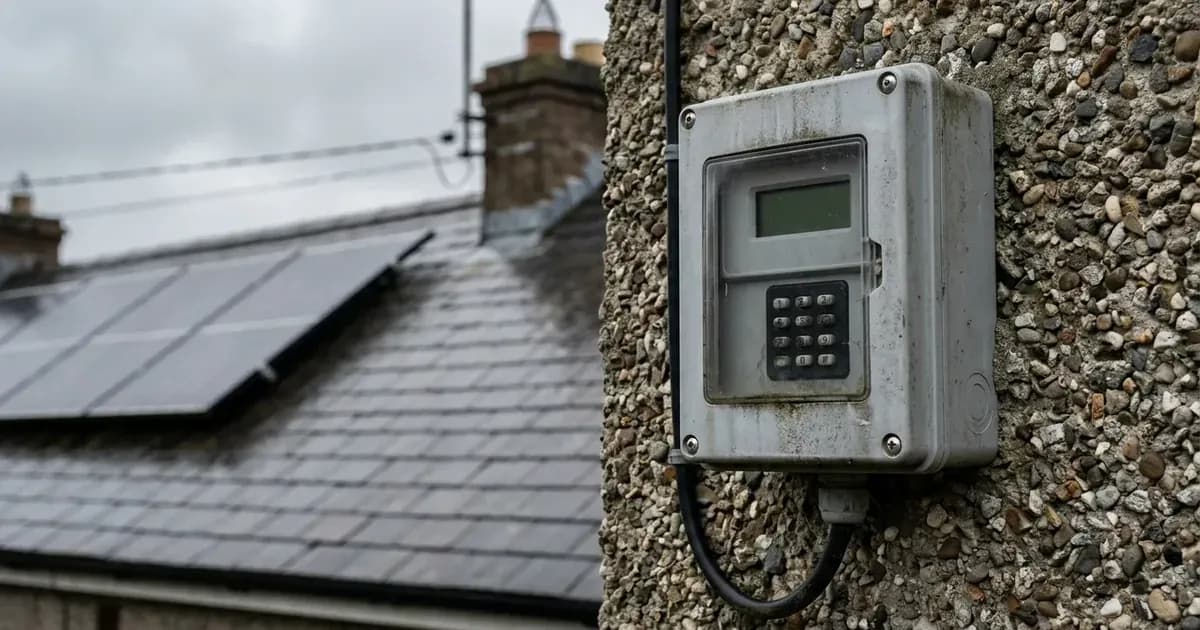 Outdoor utility meter enclosure on an exterior house wall with residential solar panels in the background. — SolarNevs spec card