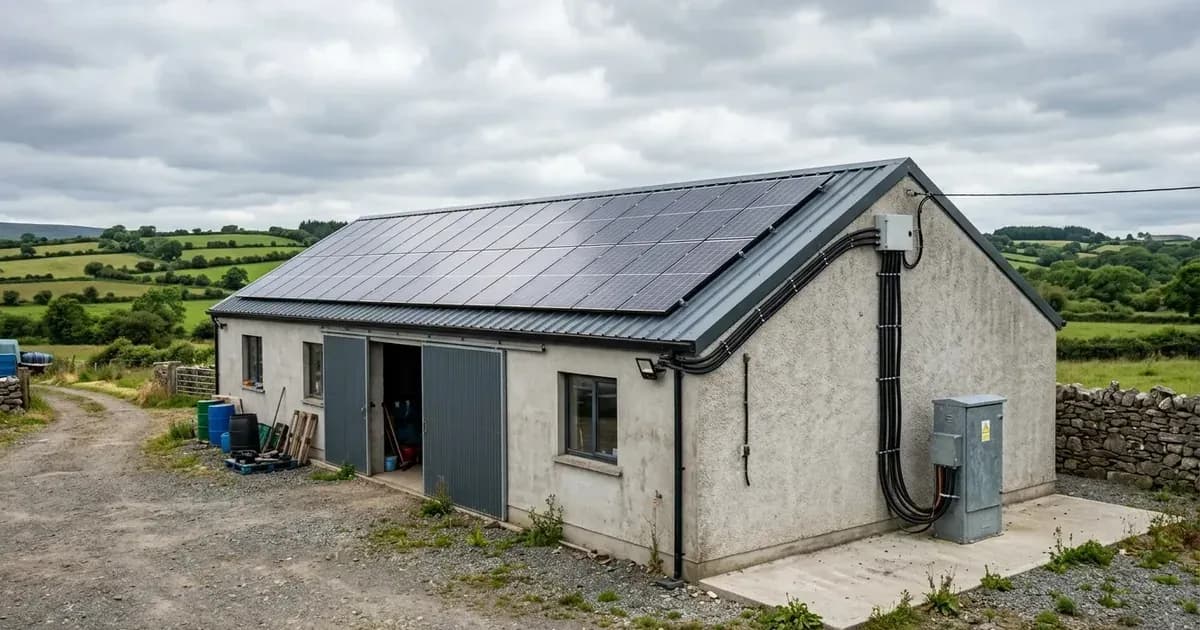 Commercial rooftop solar array and exterior distribution equipment on an Irish property. — SolarNevs spec card