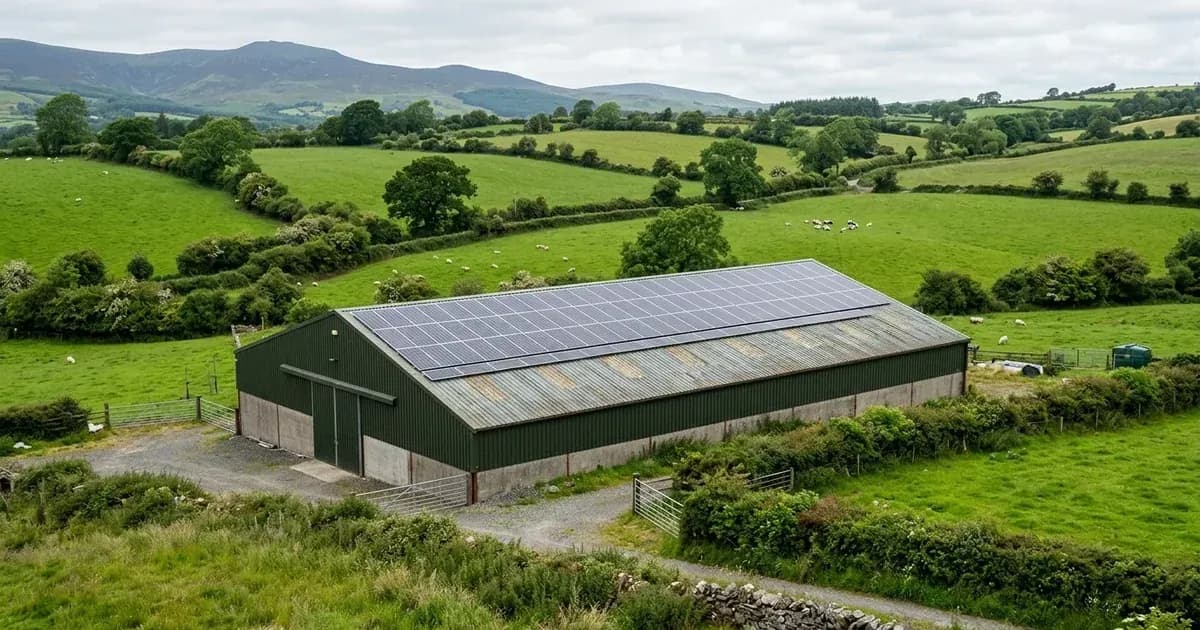Solar panel array mounted on the corrugated roof of an agricultural barn in rural Ireland. — SolarNevs spec card