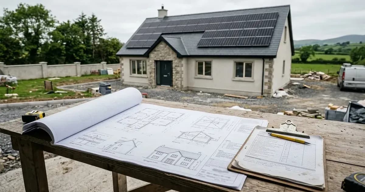 Building plans and inspection gear on a table overlooking a modern solar-equipped home. — SolarNevs spec card