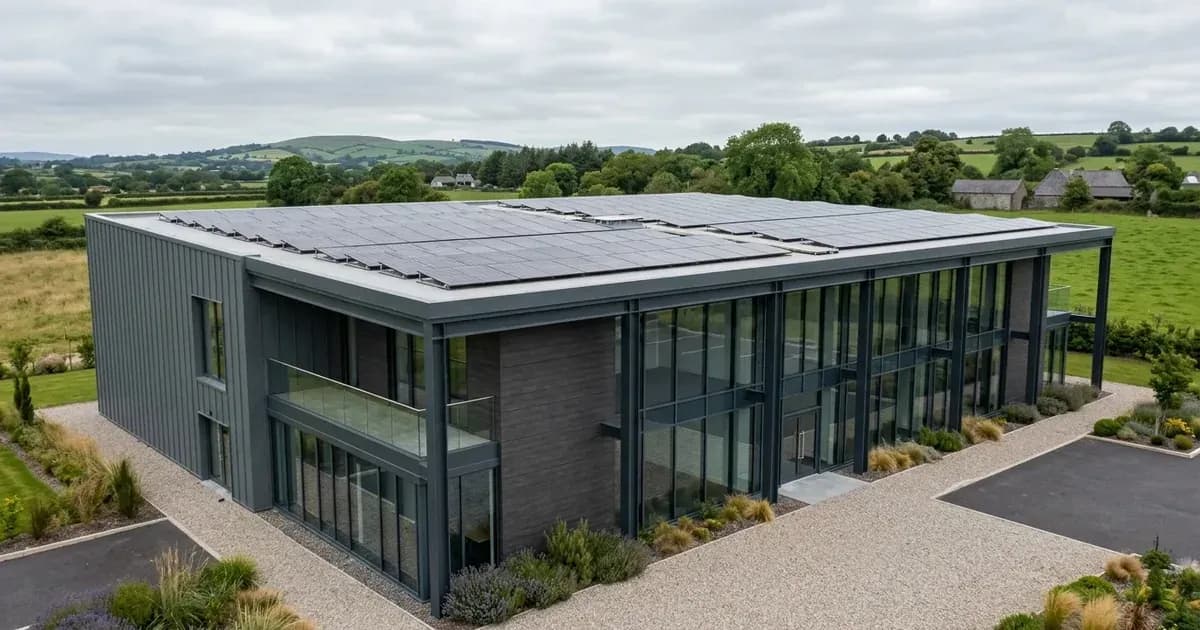 Modern commercial office building in Ireland featuring a rooftop solar panel installation. — SolarNevs spec card