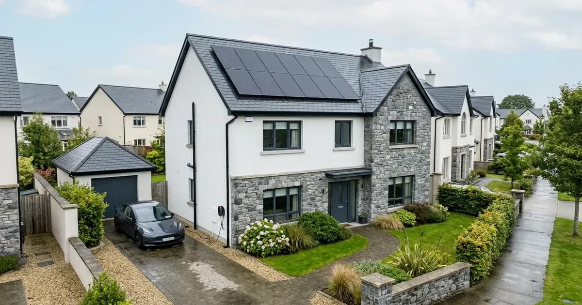 Contemporary Irish home with all-black solar panels integrated into a slate roof. — SolarNevs spec card