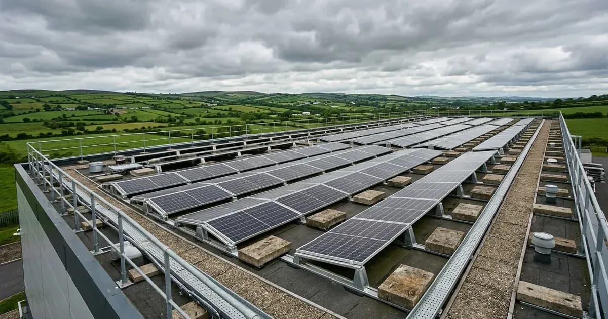 Ballasted commercial rooftop solar panel array with edge setback in Ireland. — SolarNevs spec card