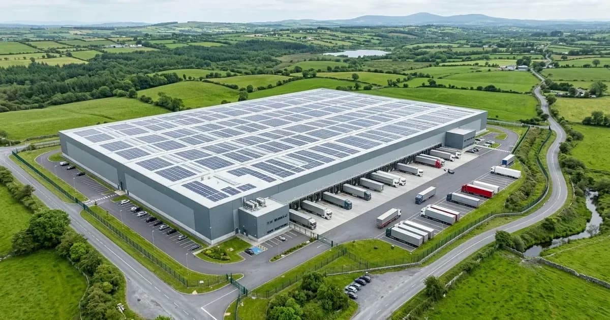 Large industrial warehouse facility with an extensive rooftop solar array in Ireland. — SolarNevs spec card