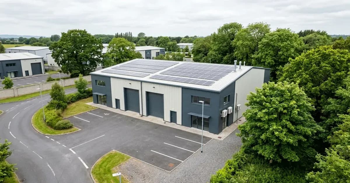 Rooftop solar installation on a modern Irish light industrial building. — SolarNevs spec card