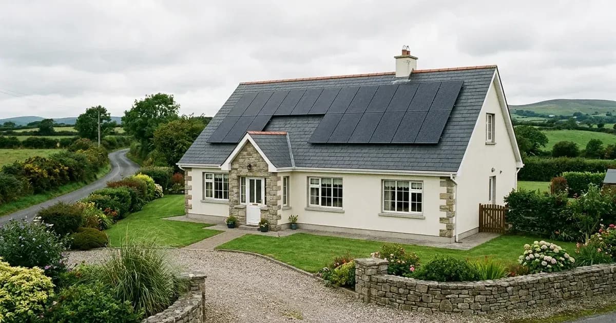 Flush-mounted solar panels on an Irish residential slate roof with perimeter setbacks. — SolarNevs spec card