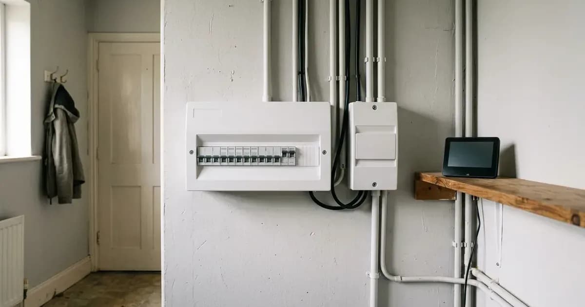 Domestic consumer unit and unbranded energy monitor in an Irish home utility cupboard. — SolarNevs spec card