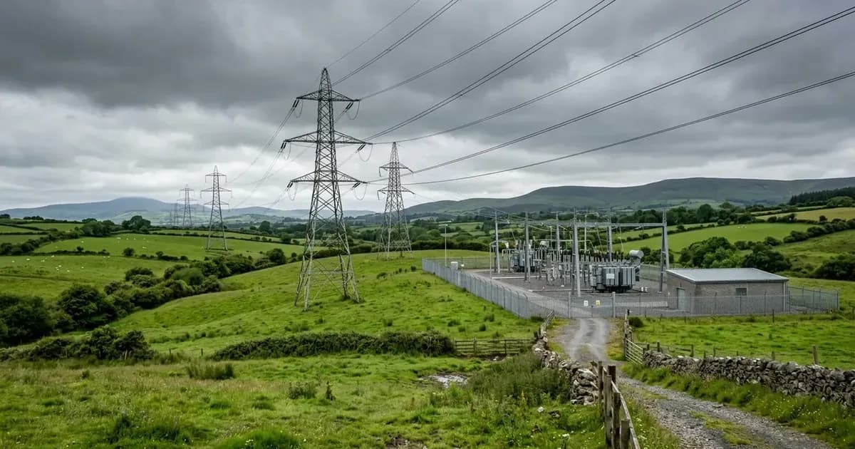 High-voltage transmission lines and distribution substation in rural Ireland. — SolarNevs spec card